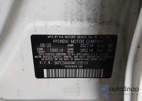 2021 Hyundai Accent Se z USA, uszkodzony, nr VIN 3KPC24A66ME129519